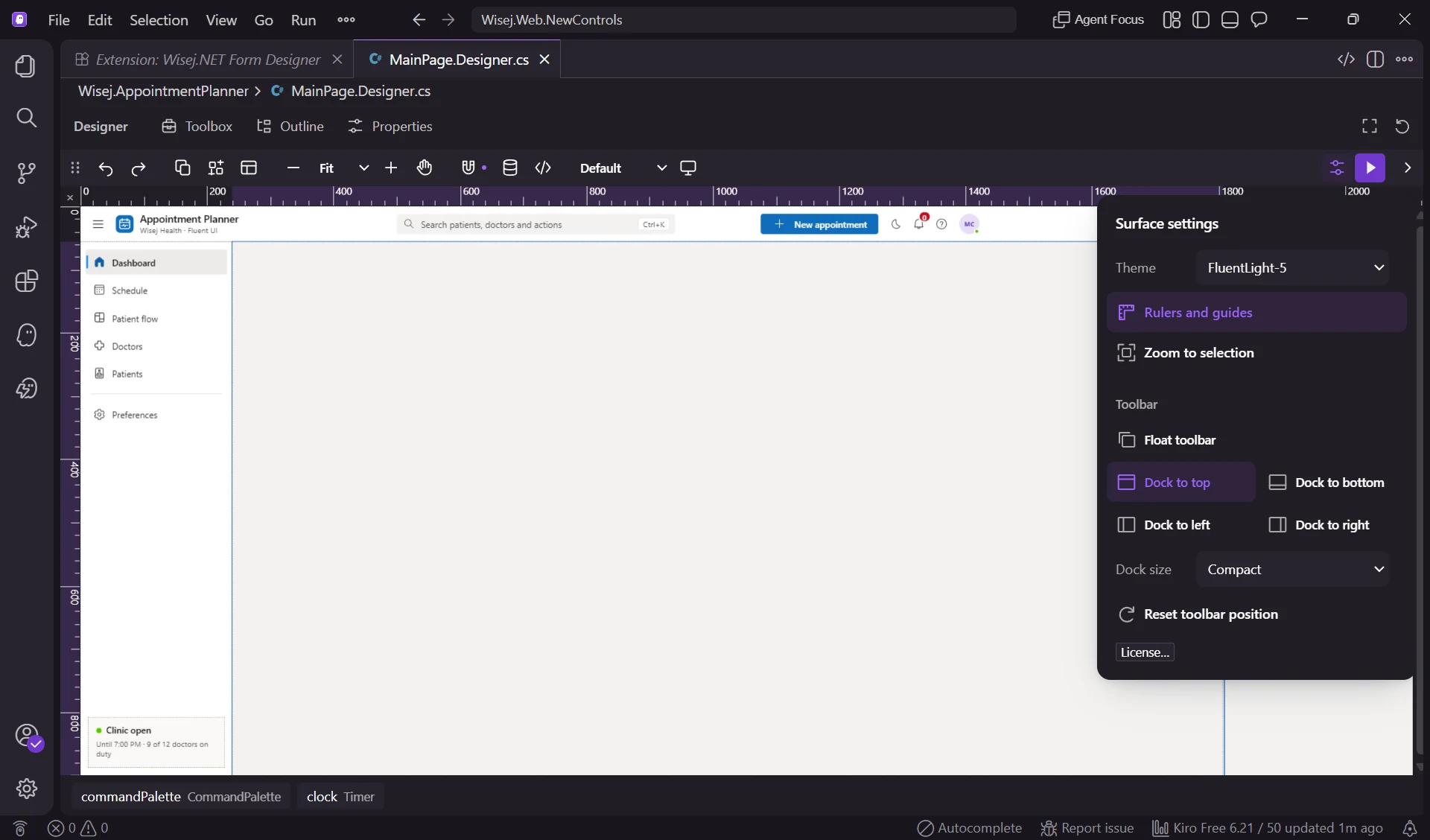 Wisej.NET Designer running in Kiro on an Appointment Planner form, with the Surface settings panel open showing the theme selector, rulers and guides, zoom to selection, and toolbar docking options.