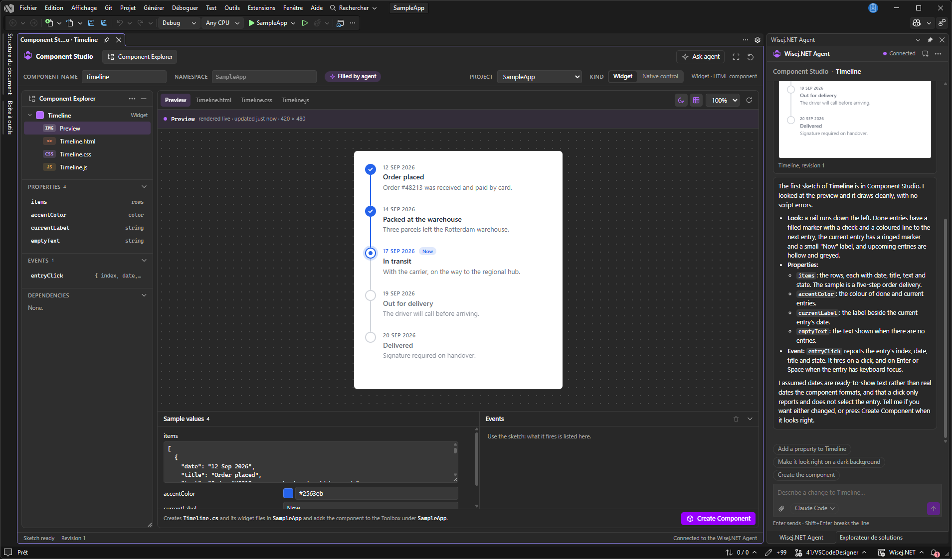 Component Studio in Visual Studio with a live preview of a Timeline widget, its HTML, CSS, and JavaScript files, properties and events, sample values, and the Wisej.NET Agent describing the component it built.