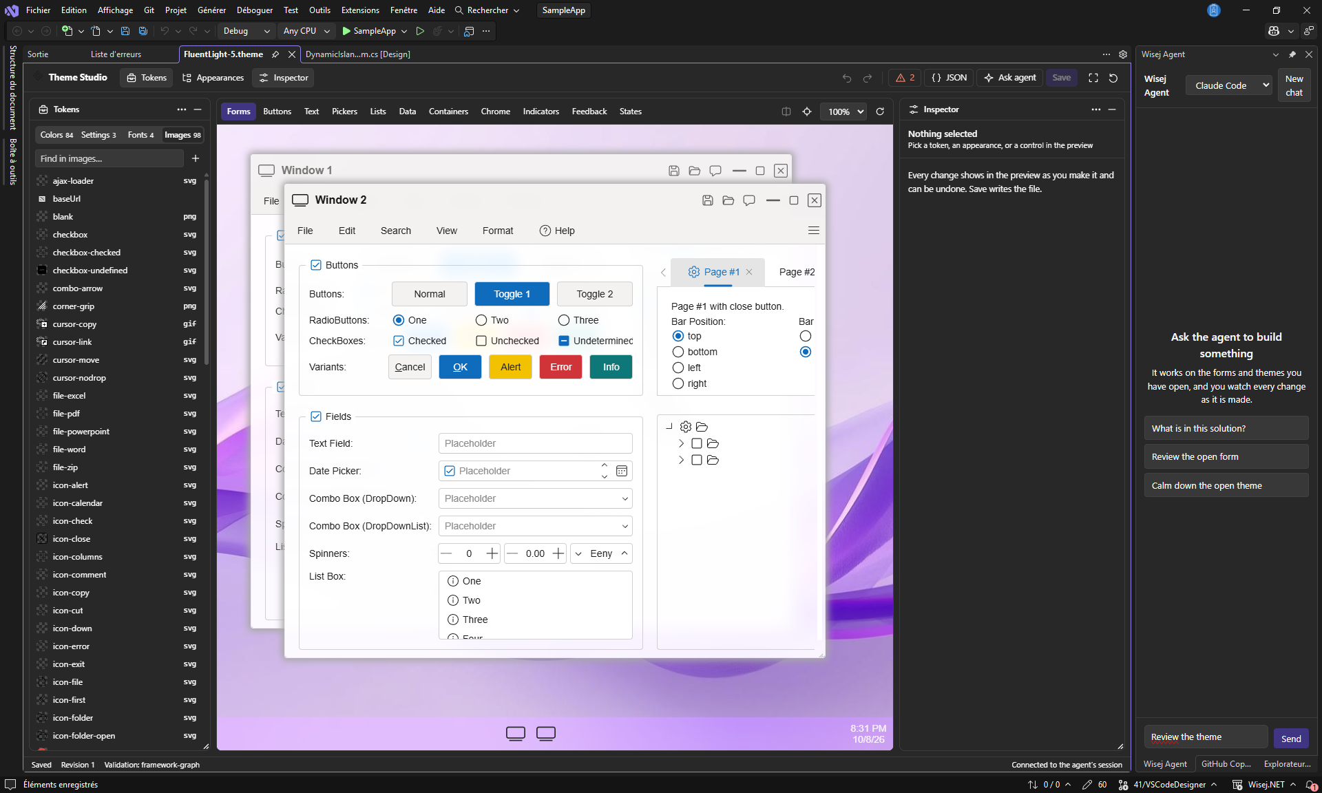 Wisej.NET AI Theme Studio in Visual Studio with the theme tokens and images on the left, a live preview of themed windows with buttons, radio buttons, check boxes, fields, and tabs, the Inspector, and the Wisej.NET Agent panel with suggested requests.