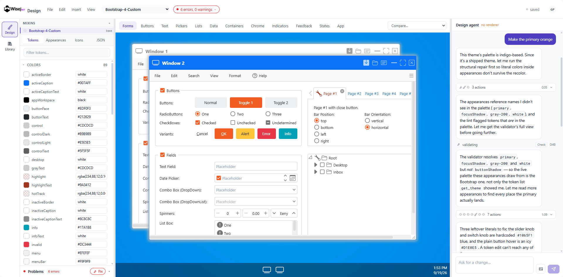 Wisej.NET Theme Designer with a token palette, a live preview of themed windows, buttons, fields and pickers, and a design agent conversation applying a primary color change.