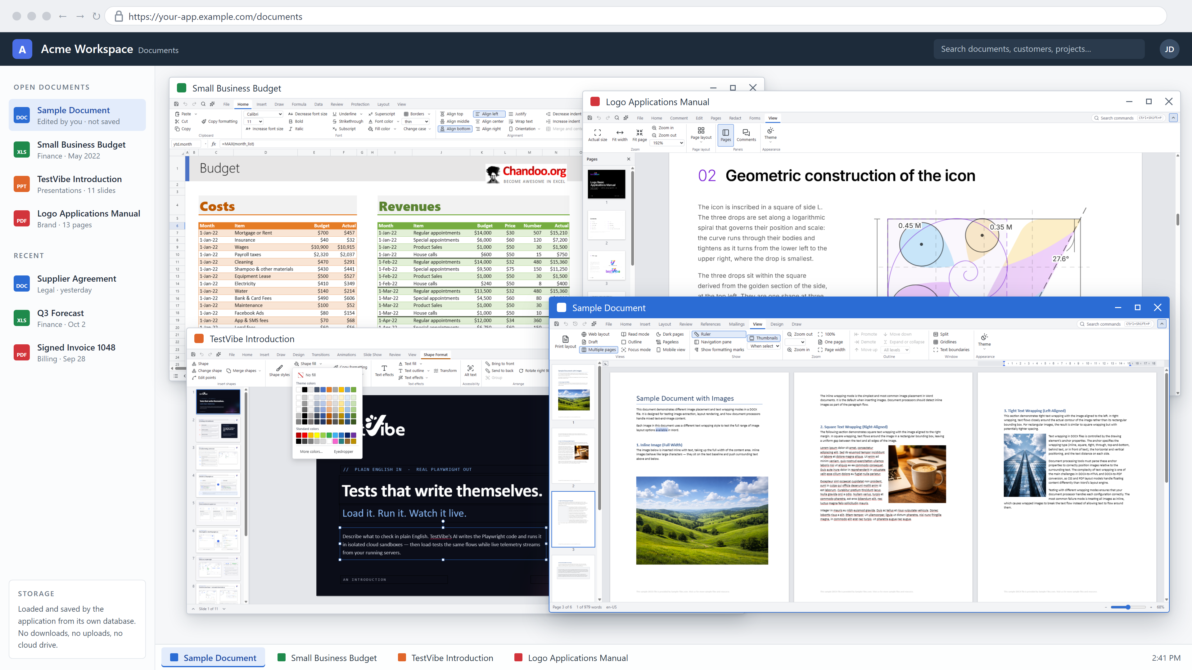 A Wisej.NET documents page with the spreadsheet, PDF, presentation, and Word editors open in floating Wisej.NET windows: a budget workbook with costs and revenues tables, a brand manual page on the geometric construction of an icon, a title slide with the shape fill palette open, and a multi-page Word document with wrapped images. A list of documents is on the left and a taskbar has one button per window.