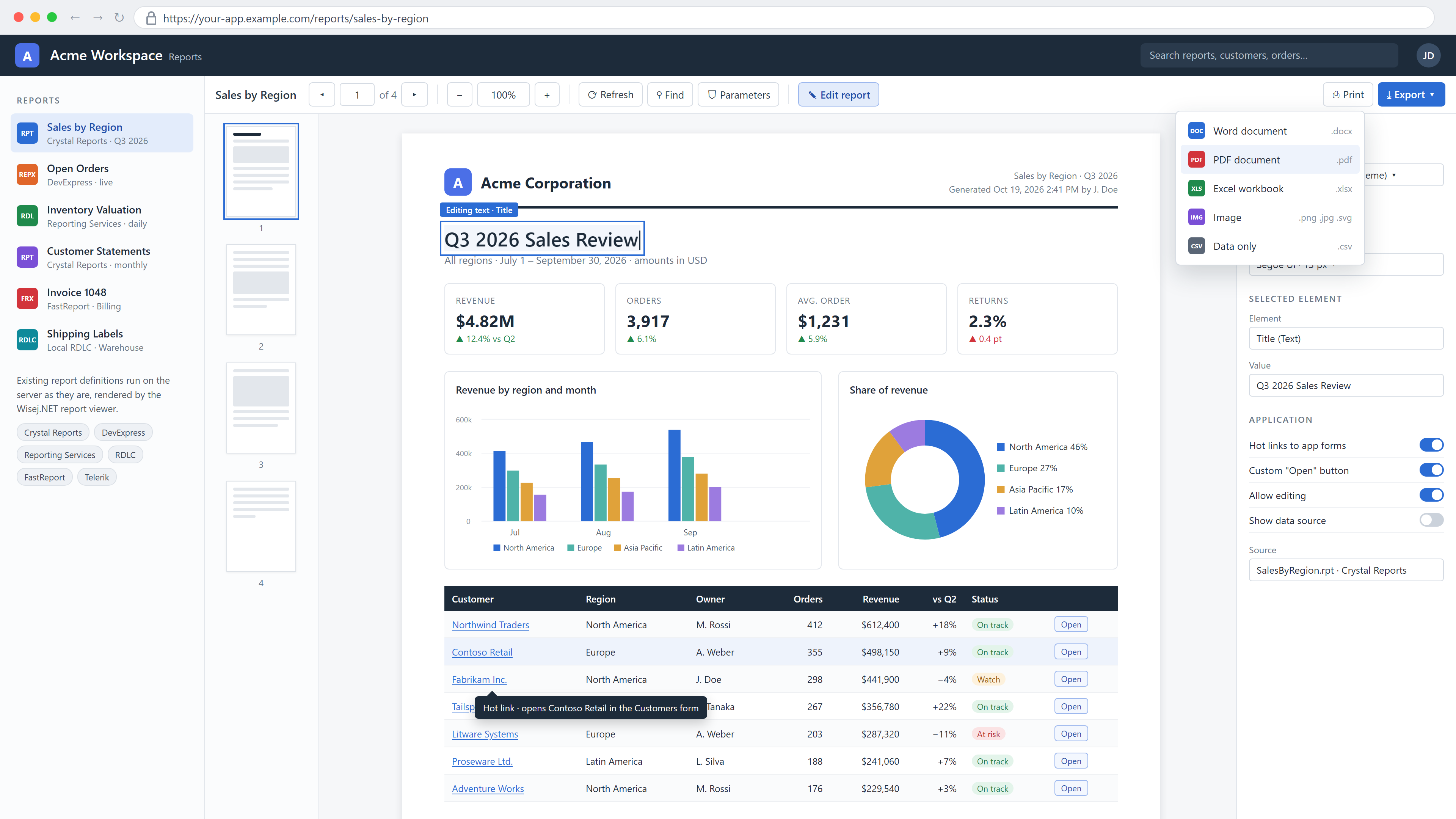 An illustrative Wisej.NET report viewer showing a Sales by Region report imported from Crystal Reports, with KPI tiles, a column chart, a donut chart, and a customer table with hot links. The report title is being edited in place, the Export menu lists Word, PDF, Excel, image, and CSV, and a side panel sets the theme and application integration options.